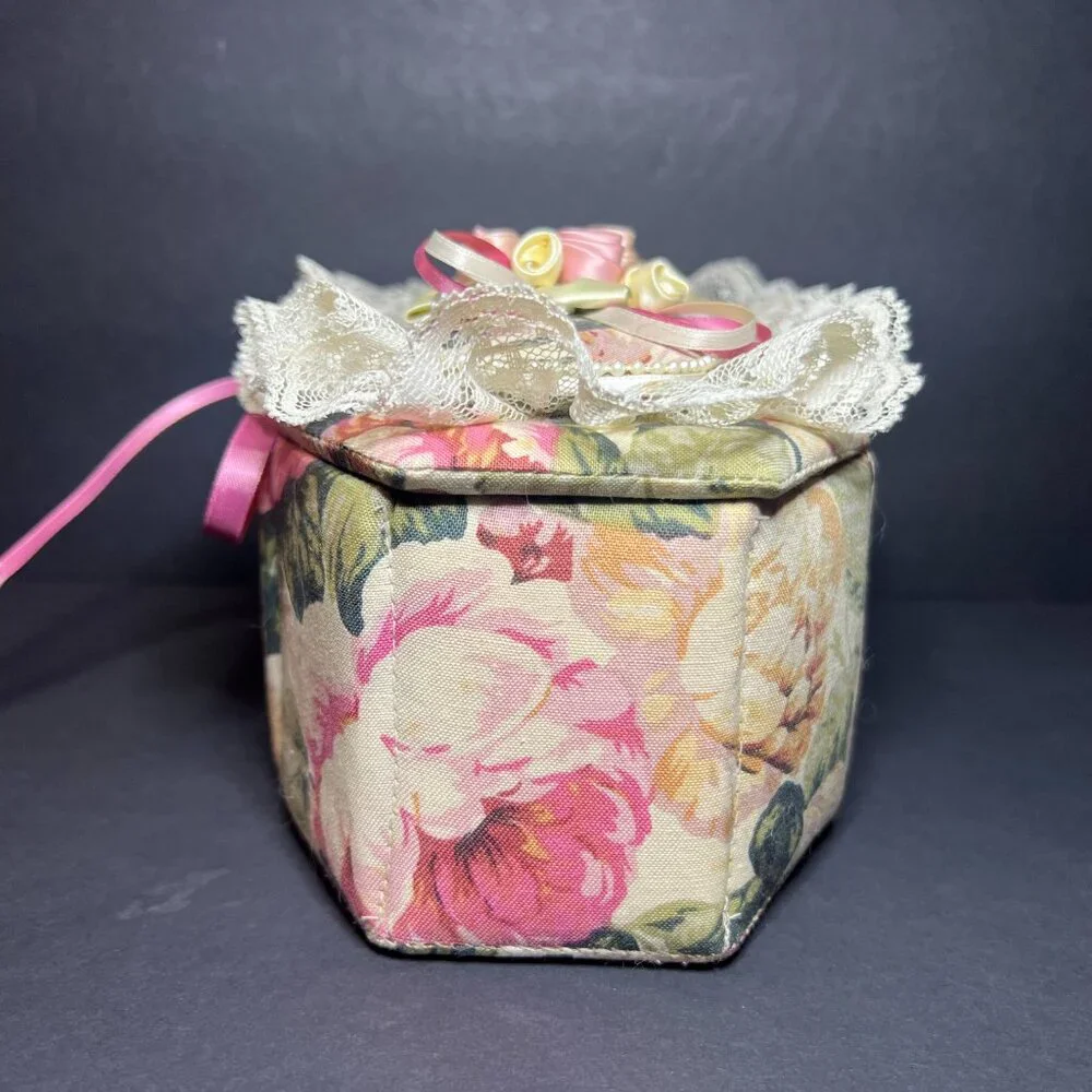 Vintage Ruffled Lace Ribbon & Floral Applique Fabric Octagon Jewelry Trinket Box